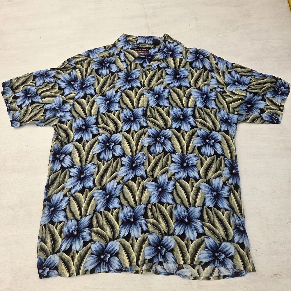 John Henry Viva Tropical Shirt Men's M Blue Green Floral Hawaiin Button Front
